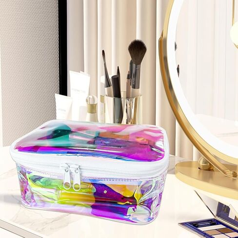 TPU Holographic Clear Makeup Bags Bulk,Clear Storage Bag Toiletry Pocket Portable Zippered Iridescent Pouch Waterproof Cosmetic travel Bags with white zipppe for Women in Saudi Arabia