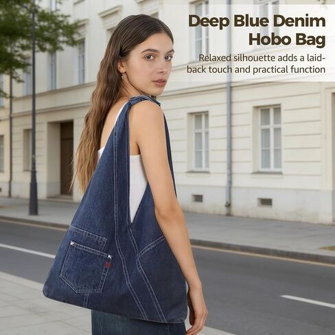 Denim Hobo Bag for Women, Large Jean Shoulder Tote with Soft Slouchy Shape, Casual Everyday Denim Purse with Front Pocket for Work Shopping Travel Daily Carry in Saudi Arabia