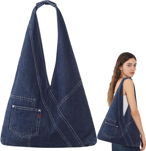 Denim Hobo Bag for Women, Large Jean Shoulder Tote with Soft Slouchy Shape, Casual Everyday Denim Purse with Front Pocket for Work Shopping Travel Daily Carry in Saudi Arabia