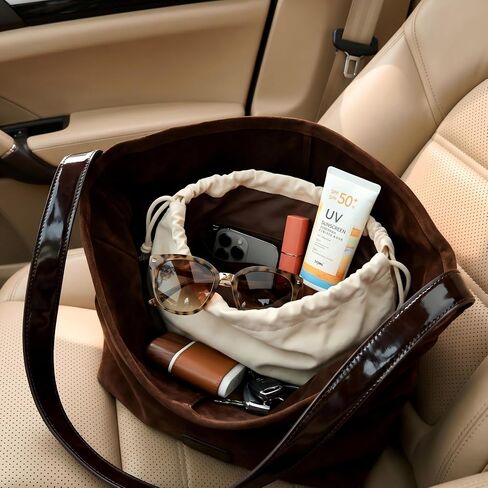 Faux Suede Tote Bag for Women, 2-in-1 Minimalist Shoulder Bag with Internal Pouch, Large Slouchy Vegan Leather Purse with unadjustable wide strap for Work and Commute in Saudi Arabia