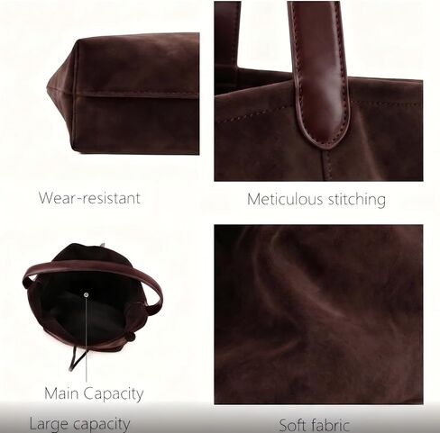 Faux Suede Tote Bag for Women, 2-in-1 Minimalist Shoulder Bag with Internal Pouch, Large Slouchy Vegan Leather Purse with unadjustable wide strap for Work and Commute in Saudi Arabia