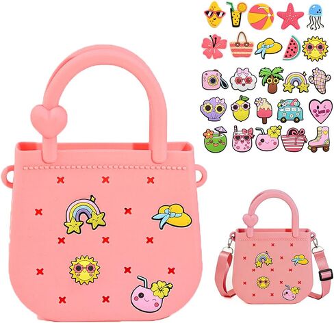 Mini Silicone Tote Bag, Rubber Beach Tote with Adjustable Strap and 25pcs Cute Decorations for Little Girl and Woman in Saudi Arabia