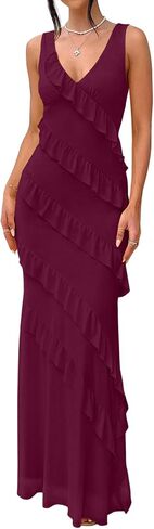 Womens Sexy V Neck Mesh Maxi Cocktail Dresses Elegant Ruffle Backless Bodycon Wedding Guest Party Long Dress in Saudi Arabia