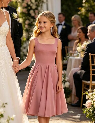 Junior Bridesmaid Dresses Chiffon A Line Girl Formal Dresses for Wedding Sleeveless Semi Formal Midi Dress in Kuwait
