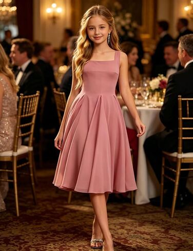 Junior Bridesmaid Dresses Chiffon A Line Girl Formal Dresses for Wedding Sleeveless Semi Formal Midi Dress in Kuwait