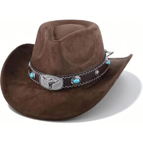 Cowboy Hat for Men and Women Vintage Denim Hat with Adjustable Inner Band Breathable Suede Perfect for Western Style Horse Riding Gardening Summer Activities and Themed Parties(Coffee,Size: M) in Kuwait