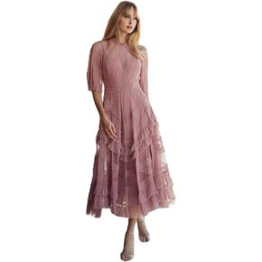 Mac Duggal Mesh Ruffle Tiered A Line Midi Dress in Saudi Arabia