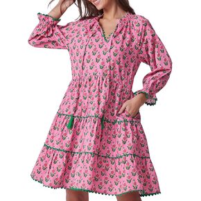 Kedera Womens Casual Mini Dress Long Sleeve Floral Ruffle V Neck Summer Loose Boho Babydoll Dresses with Pockets in Saudi Arabia