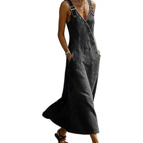 Women's Adjustable Strap Maxi Denim Dress V Neck Sleeveless Button Vintage Vest Jean Dress with Pockets in Saudi Arabia