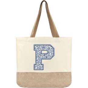 Initial Canvas Tote Bag, Womens Personalized Monogram P Tote Bags, Suitable for Wedding Engagement Parties Honeymoon Birthday Beach Holiday, Gift for Women Grandma Mom Teacher Friends Bridesmaids in Saudi Arabia