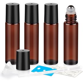 10ml Roller Bottles for Essential Oils, 4 Pack Glass Roll on Bottles, Refillable Perfume Bottle, with Stainless Steel Roller Balls, 2 Droppers, 1 Opener, Labels (Amber) in Kuwait