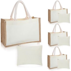 4 Sets Natural Burlap Tote Bags with Handles & Canvas Makeup Pouch, Reusable Jute Tote Bag for Wedding, Beach, Shopping, DIY Craft Blank Burlap Gift Bags with Handles in Saudi Arabia