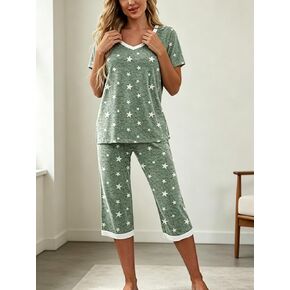 Women’s Capri Pajama Set V Neck Short Sleeve Star Print Sleepwear with Pocket Lounge Set in Saudi Arabia