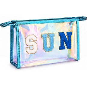 Hsei Holographic Waterproof Makeup Bag for Women Beach Pouch Sunscreen Bag PU Leather Embroidered Letters for Swim Travel(Purple) in Saudi Arabia