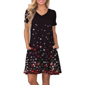 COSSEN Women's Casual T Shirt Dress V-Neck Short Sleeves Swing Dresses Birthday Party Summer Travel Beach with Pocket in Saudi Arabia
