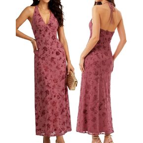 Women's Semi Formal Cocktail Halter Maxi Dress, Sleeveless Backless Flowing Elegant Wedding Guest Prom Dress in Saudi Arabia
