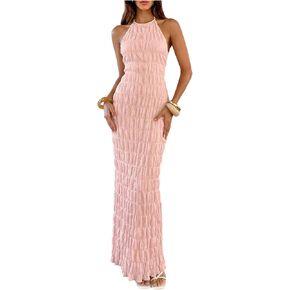 OYOANGLE Women's Textured Halter Maxi Dress Backless Sleeveless Bodycon Long Sundress for Beach Vacation Cocktail Party in Saudi Arabia