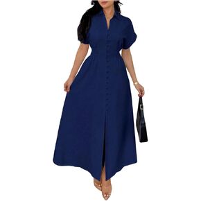 OYOANGLE Women's Short Sleeve Button Up Long Shirtdress Ruched Collar Business Casual Dress in Saudi Arabia
