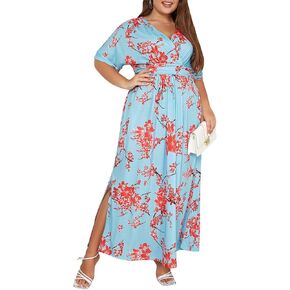 Keluummi Plus Size Maxi Dress for Women Floral Empire Waist V-Neck 3/4 Sleeve with Pockets in Saudi Arabia