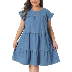 Agnes Orinda Plus Size Denim Dress for Women 2026 Summer Babydoll Ruffle Sleeve Loose Flowy Swing Pleated Jean Dresses in Saudi Arabia
