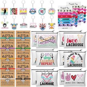 Shinylin 60 Pcs Lacrosse Gifts for Team Party Favors Include Sports Makeup Bag Keychain Bracelet Hair Elastic Lacrosse Accessories for Women Players Coaches Sports Lovers in Saudi Arabia
