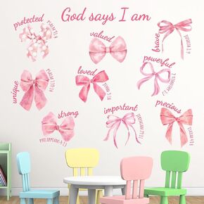 Mfault Christian Pink Bow Wall Decals Stickers, Inspirational Religious Bible Verse God Says I am Strong Girls Women Teens Room Decoration, Coquette Trendy Knot Valentines Day Girls Party Decor in Saudi Arabia