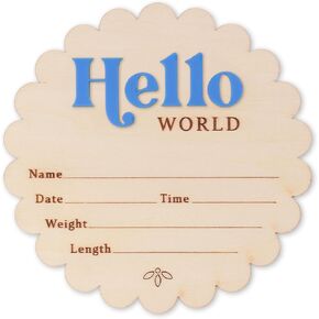 Hello World Wooden Baby Birth Announcement Sign, Scalloped Edge, Name Date Time Weight Length Fields (Black) in Saudi Arabia