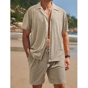 Men's Ribbed Terry Cloth Camp Collar Shirt, Short Sleeve Button-Down Shirt for Vacation & Casual Wear in Saudi Arabia