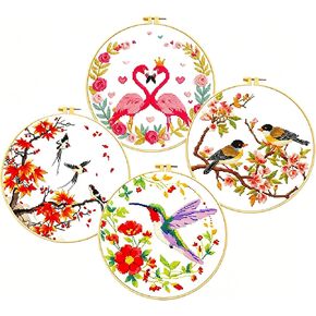 Zhenqing Bee & Flower Garden Cross Stitch Kit for Beginners - 4 Pre-Printed Designs with Hoop, Threads & Complete Tools(68059) in Kuwait