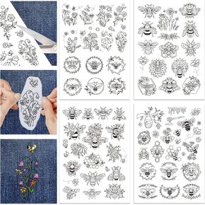 GLOBLELAND 4 Sheets Flower and Bees Pattern Water Soluble Embroidery Hand Sewing Stabilizers for Fabric Stitch Practice Embroidery Stickers Wash Away Stabilizers for Embroidery Beginners Lovers in Kuwait