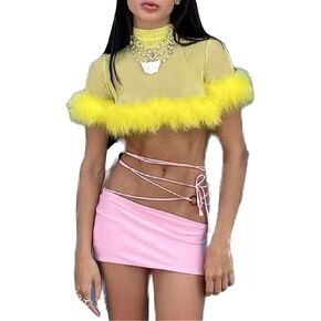FURINFASHION GR-11 2023 New Arrivals Sexy Mesh Top For Women With Real Fox Fur Furry Hem And Cuffs Short Cropped T-Shirt Tops High Collar Short Sleeves See Through (L, Yellow) in Kuwait