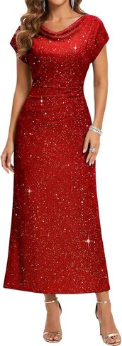 DRESSTELLS Women's Sequin Formal Wedding Guest Dresses, Sparkly Cocktail Prom Party Cowl Neck Maxi Dress in Kuwait