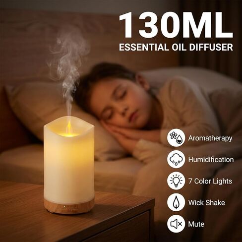 130ML Flameless Candle Essential Oil Diffuser with 3 Aroma Oils | for Small Space with 7 LED Color Night Light,Mini Humidifier for Bedroom Room Decor,Gifts for Women in Saudi Arabia