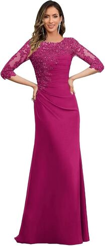 Lace Appliques Chiffon Mother of The Bride Dress for Women Pleated Mermaid Formal Evening Gown with Sleeve in Saudi Arabia