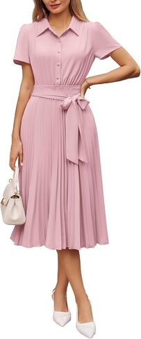 GRACE KARIN Women's 2026 Summer Midi Work Dress Short Sleeve Button Shirt Dresses A Line Pleated Belt Business Casual Dresses in Saudi Arabia