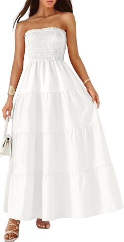 LILLUSORY Women's Summer Strapless Maxi Dress Smocked Flowy A Line Long Tube Beach Dresses with Pockets in Saudi Arabia