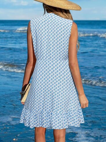 CUPSHE Womens Boho Floral Sundress Tiered Swing Flowy Mini Dress V Neck Button Down Sleeveless Summer Beach Vacation Dress in Kuwait