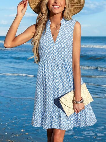 CUPSHE Womens Boho Floral Sundress Tiered Swing Flowy Mini Dress V Neck Button Down Sleeveless Summer Beach Vacation Dress in Kuwait