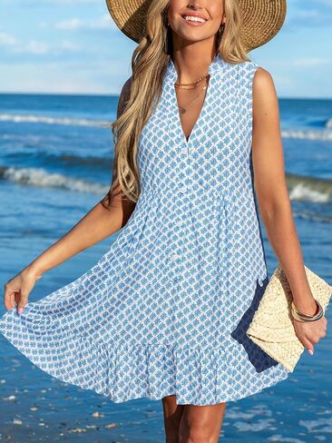 CUPSHE Womens Boho Floral Sundress Tiered Swing Flowy Mini Dress V Neck Button Down Sleeveless Summer Beach Vacation Dress in Kuwait