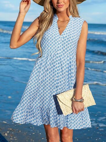 CUPSHE Womens Boho Floral Sundress Tiered Swing Flowy Mini Dress V Neck Button Down Sleeveless Summer Beach Vacation Dress in Kuwait