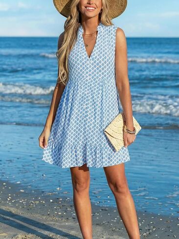 CUPSHE Womens Boho Floral Sundress Tiered Swing Flowy Mini Dress V Neck Button Down Sleeveless Summer Beach Vacation Dress in Kuwait