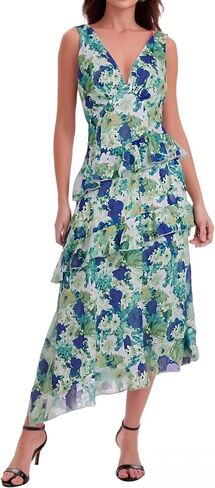 Women's Boho Floral Mesh Maxi Dress V-Neck Sleeveless Tiered Flowy Elastic Long Sundress for Summer Beach Wedding Guest in Saudi Arabia