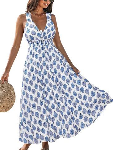 CUPSHE Women Summer Maxi Dresses V Neck Sleeveless Boho Paisley Sundress Smocked Waist Crossback Beach Vacation Long Dress in Kuwait