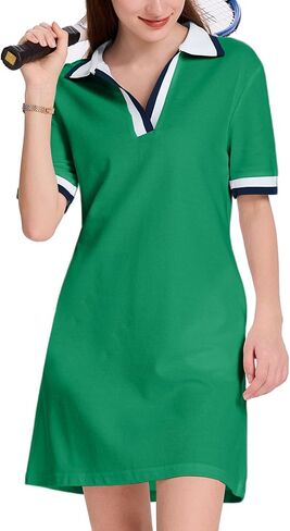 WOWULOVELY Polo Dress for Women V Neck Casual Short Sleeve Mini Shirt Dress Flowy Contrast Color Golf Tennis A Line Dresses in Saudi Arabia