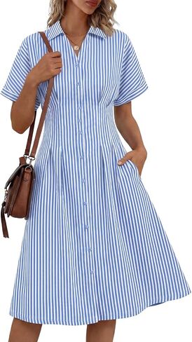 LILLUSORY Women's Striped Button Down Shirt Dress 2026 Spring Summer Short Sleeve Casual Midi Dress Beach Vacation Outfits in Kuwait