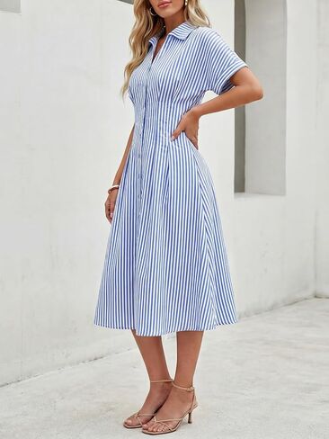 LILLUSORY Women's Striped Button Down Shirt Dress 2026 Spring Summer Short Sleeve Casual Midi Dress Beach Vacation Outfits in Kuwait