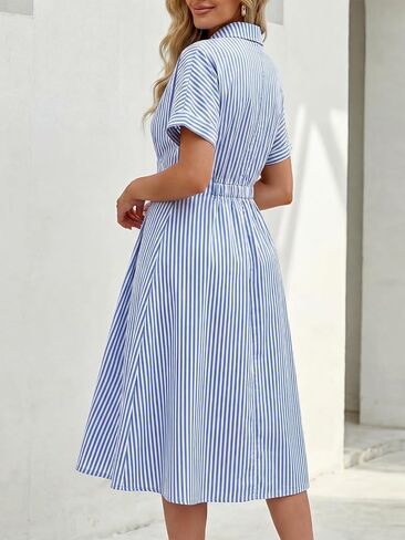 LILLUSORY Women's Striped Button Down Shirt Dress 2026 Spring Summer Short Sleeve Casual Midi Dress Beach Vacation Outfits in Kuwait