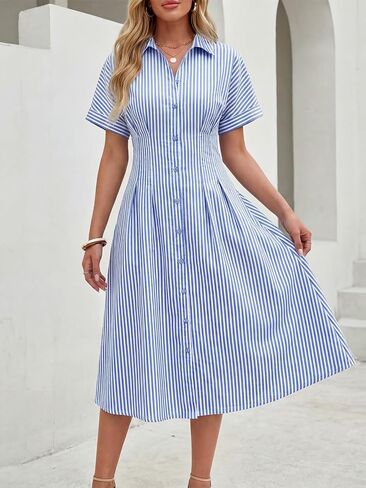LILLUSORY Women's Striped Button Down Shirt Dress 2026 Spring Summer Short Sleeve Casual Midi Dress Beach Vacation Outfits in Kuwait
