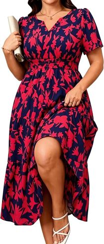Women's 2026 Plus Size Summer Dress Short Sleeve V Neck Smocked Boho Beach Vacation Wedding Guest Floral Maxi Dresses in Kuwait
