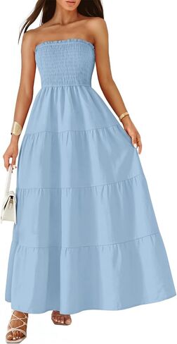 LILLUSORY Women's Summer Strapless Maxi Dress Smocked Flowy A Line Long Tube Beach Dresses with Pockets in Kuwait
